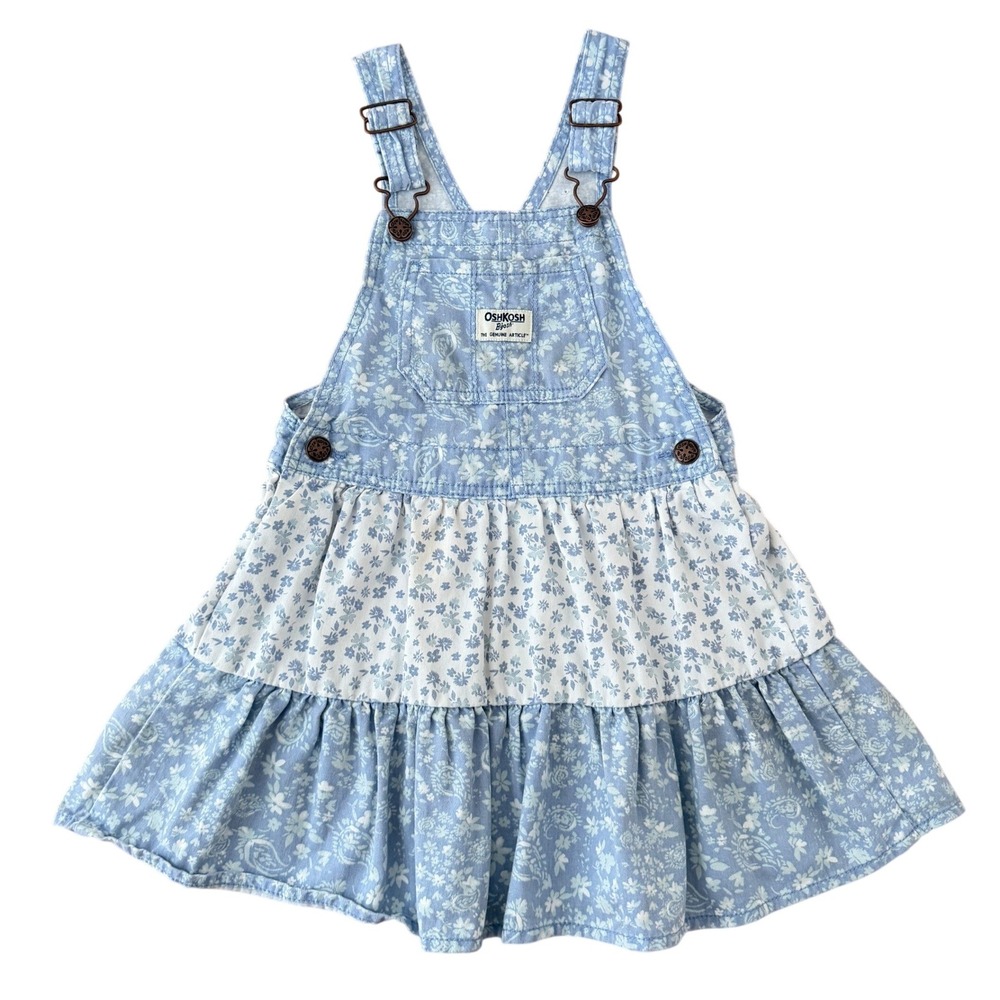OshKosh B'gosh 5T Blue Floral Denim Overall Dress Tiered Pinafore Cottagecore